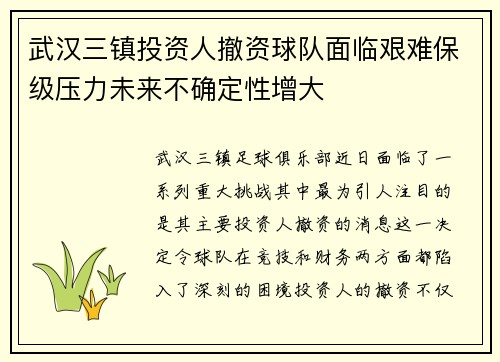 武汉三镇投资人撤资球队面临艰难保级压力未来不确定性增大
