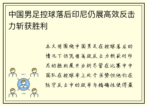 中国男足控球落后印尼仍展高效反击力斩获胜利